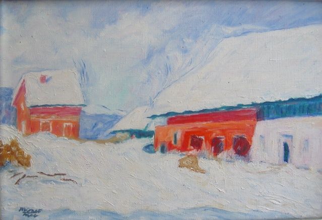 Peinture intitulée "Maisons rouges dans…" par Mog, Œuvre d'art originale, Huile