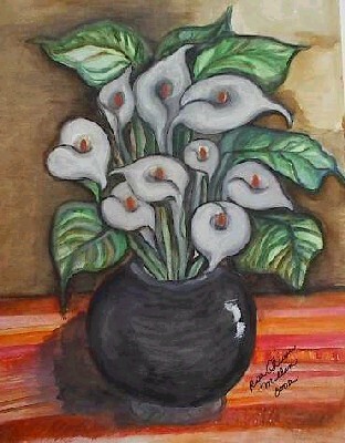 Painting titled "White lilies in a e…" by Chicana Artist.... Ruth Olivar Millan, Original Artwork, Oil