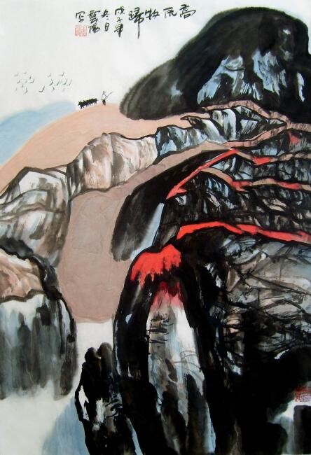 Ζωγραφική με τίτλο "国画小品：高原牧归" από 云阳 王, Αυθεντικά έργα τέχνης, Λάδι