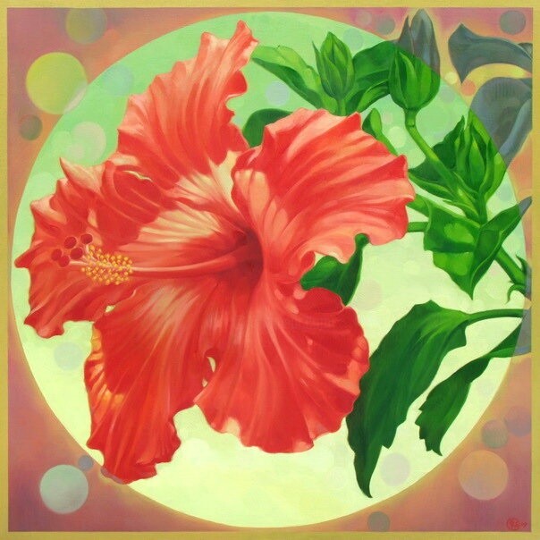 Schilderij getiteld "Red Hibiscus 4" door Choong Ching Liew, Origineel Kunstwerk