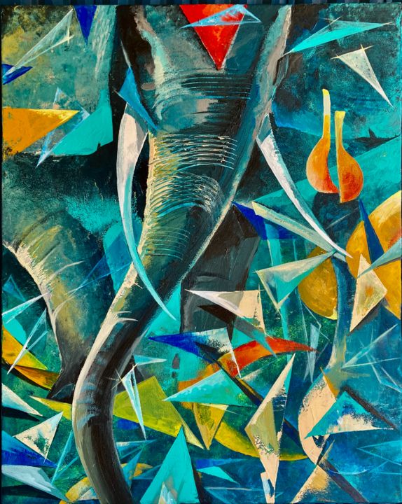 Painting titled "An elephant in a ch…" by Keren Gorzhaltsan, Original Artwork, Acrylic