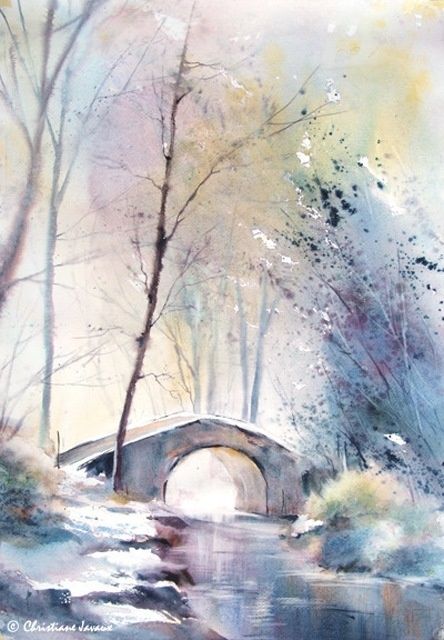 「Le petit pont」というタイトルの絵画 Christiane Javauxによって, オリジナルのアートワーク, オイル