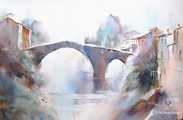 「Le pont de Vigean」というタイトルの絵画 Christiane Javauxによって, オリジナルのアートワーク