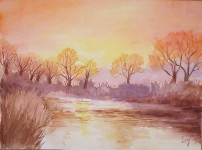 Peinture intitulée "SOLEIL COUCHANT SUR…" par Jany, Œuvre d'art originale, Huile
