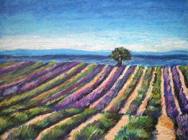 Painting titled "Champ de lavande et…" by Nathalia Chipilova, Original Artwork, Acrylic