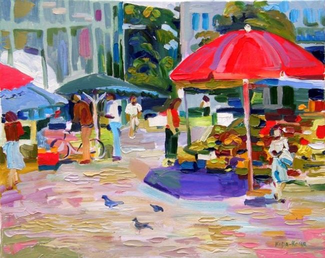 Painting titled "зонтики" by Lesia Kara Kotsia, Original Artwork, Oil