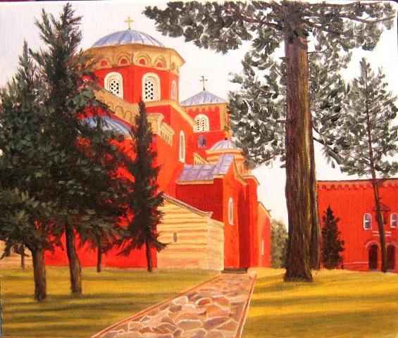 Painting titled "Zica monastery" by Ognjen Lazarevic, Original Artwork, Oil