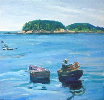 Painting titled "Pulling Up Lobsters" by Candy Barr, Original Artwork, Oil