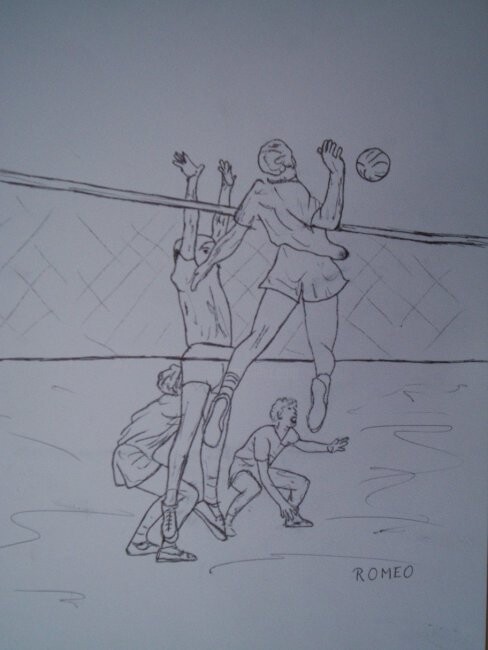 Desenho intitulada "JOGO DE VOLEI" por Romeo Zanchett, Obras de arte originais