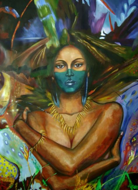 Painting titled "MUJER CON TOCADO EN…" by Armando Garcia, Original Artwork, Oil