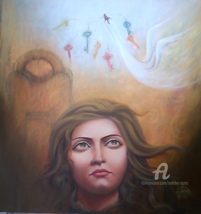 Painting titled "UNLOCKING INNERSELF" by Suddha Sama, Original Artwork, Oil Mounted on Wood Stretcher frame