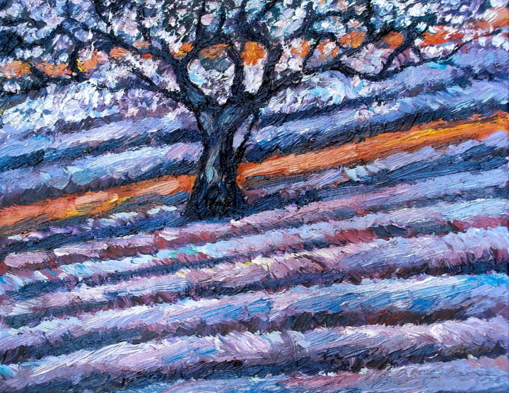 Peinture intitulée "Lavandes et pommier" par Nathalia Chipilova, Œuvre d'art originale, Huile