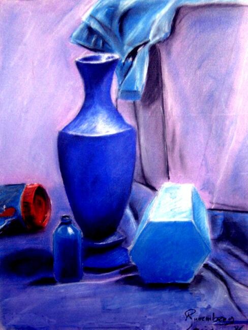 图画 标题为“LE VASE BLEU 1986” 由Louis Runemberg, 原创艺术品, 粉彩 安装在纸板上