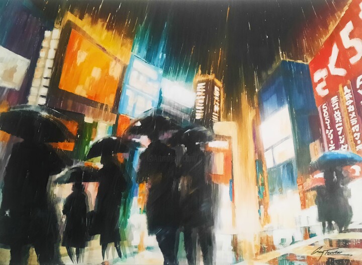 Painting titled "Tokyo, les néons de…" by Guy Terrier, Original Artwork, Acrylic Mounted on Wood Stretcher frame