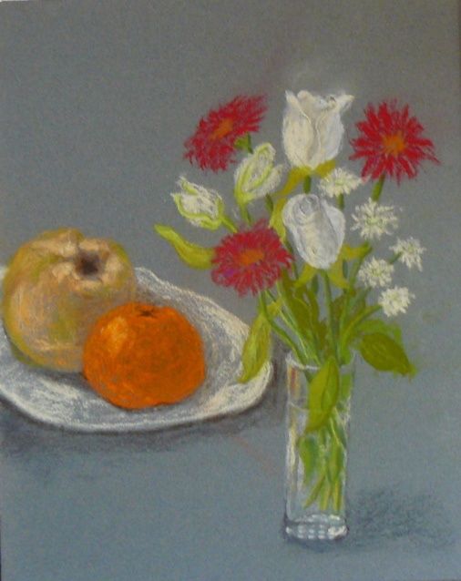 Peinture intitulée "Fleurs et fruits" par Mog, Œuvre d'art originale, Pastel