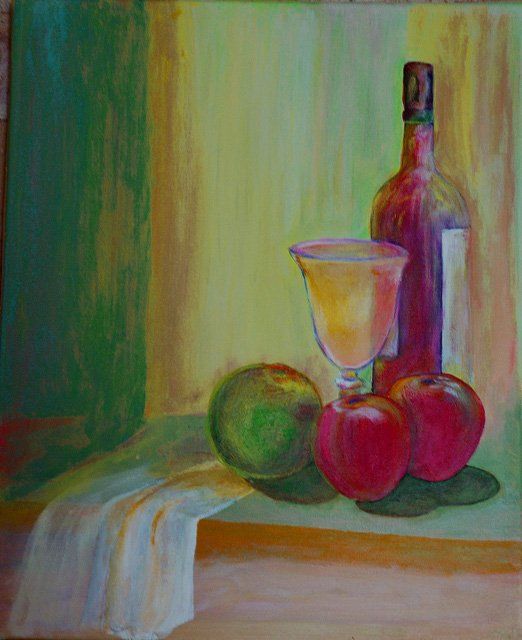 nature morte bouteille, verre et trois pommes 绘画, 19.3x15.4 in