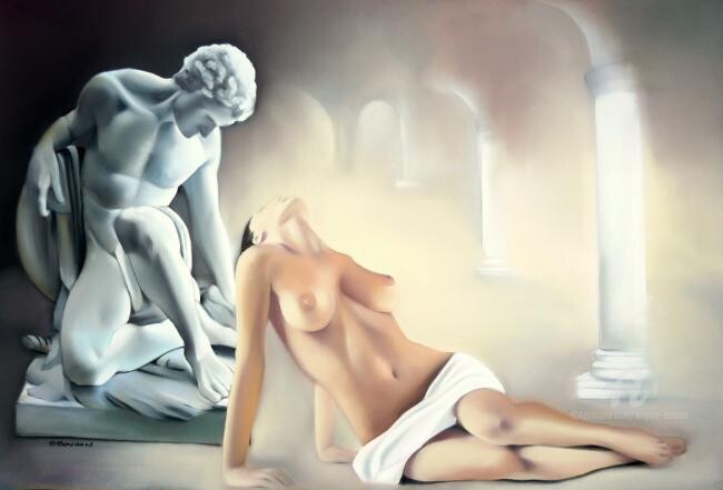 Painting titled "IMPROBABLE IDYLLE" by Brigitte Bouron, Original Artwork, Oil