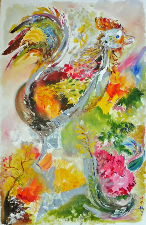 Peinture intitulée "coq" par Nanou, Œuvre d'art originale, Acrylique