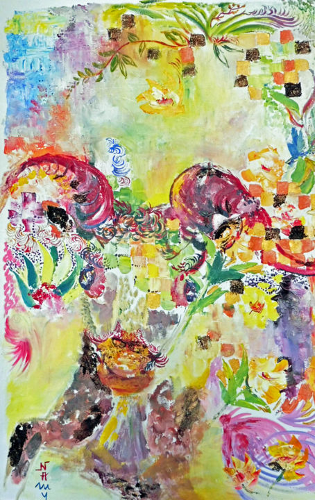 Peinture intitulée "le buffle" par Nanou, Œuvre d'art originale, Huile
