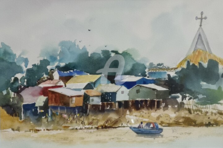 Painting titled "Along the Mei Kong…" by Diana Li, Original Artwork, Watercolor