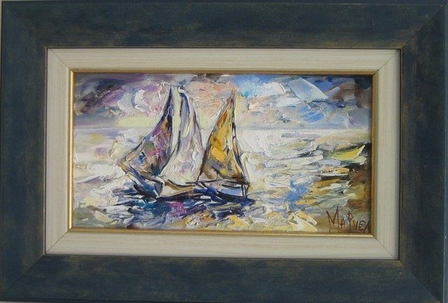 Schilderij getiteld "Three Ships" door Marchell, Origineel Kunstwerk