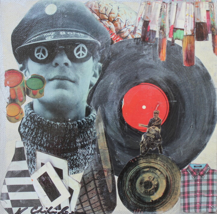 Collages titled "Tunes Colors Run" by Nathalia Chipilova, Original Artwork, Acrylic Mounted on Wood Stretcher frame