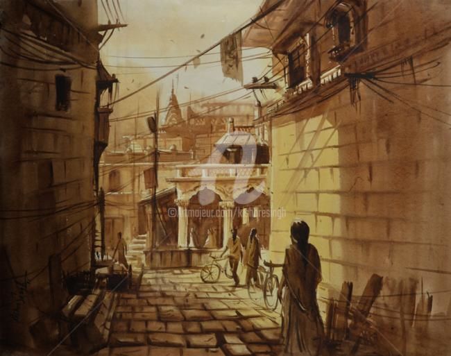 Painting titled "Rajesthan" by Kishore Singh, Original Artwork, Watercolor