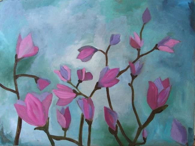 Painting titled "dream of magnolia" by Purple Dragonfly, Original Artwork, Oil
