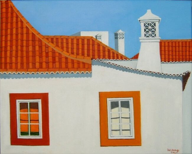 Painting titled "Cores de Tavira (Ta…" by Inês Dourado, Original Artwork, Oil Mounted on Wood Stretcher frame