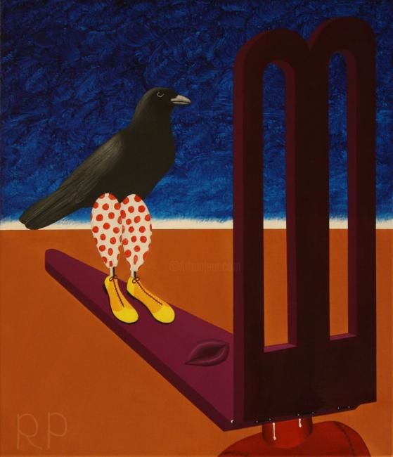 Картина под названием "Crow Clown Arrives" - Rudy Pavlina, Подлинное произведение искусства, Масло