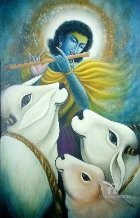 Painting titled "Krishna and cows" by Suddha Sama, Original Artwork, Oil Mounted on Wood Stretcher frame
