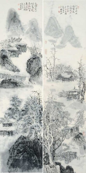 제목이 "张东林双屏山水精品：清湘图"인 미술작품 东林 张로, 원작, 기름