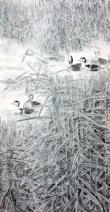 Painting titled "张东林六尺水墨工笔花鸟画：家园" by Dong Lin Zhang, Original Artwork, Oil