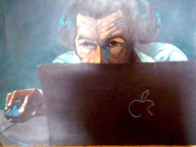 Painting titled "man and computer" by Paulus Hoffman, Original Artwork, Oil