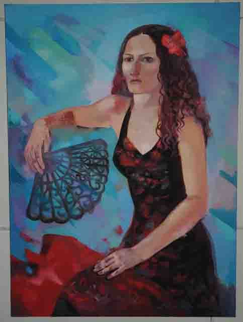 Malerei mit dem Titel "Dancer with fan" von Laine Kainaize, Original-Kunstwerk