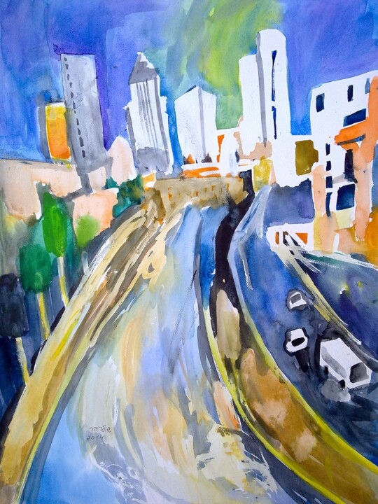 cityscape Tel-Aviv 绘画, 21.7x17.7 in