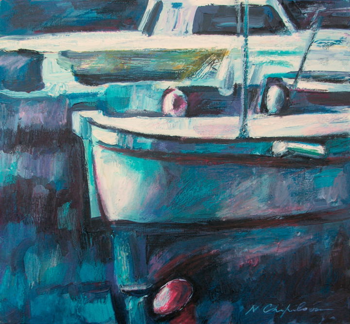 Painting titled "Port bleu 2, Saint…" by Nathalia Chipilova, Original Artwork, Acrylic Mounted on Wood Stretcher frame