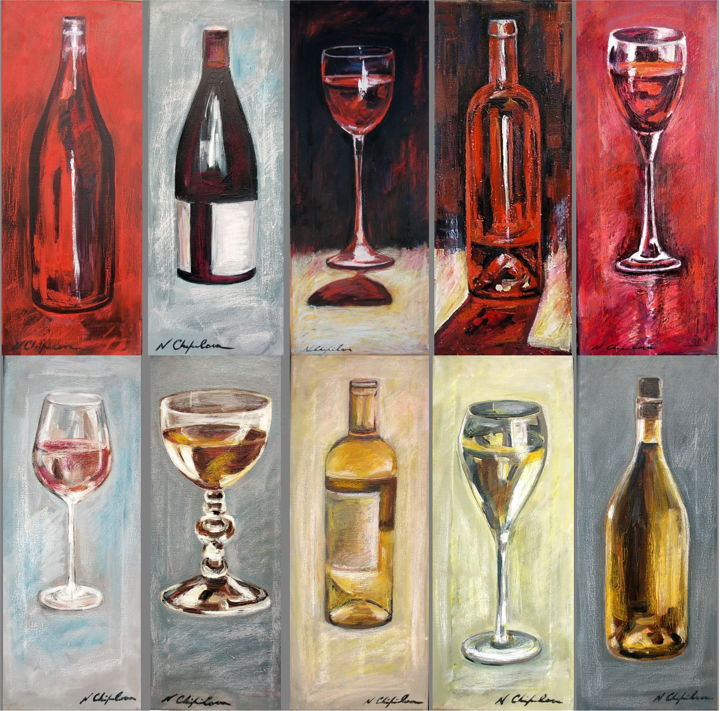 Painting titled "Verres et bouteille…" by Nathalia Chipilova, Original Artwork, Acrylic