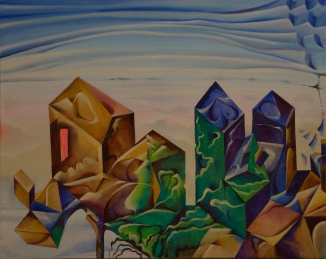 Painting titled "We Live in Green Ci…" by Victor X, Original Artwork, Oil