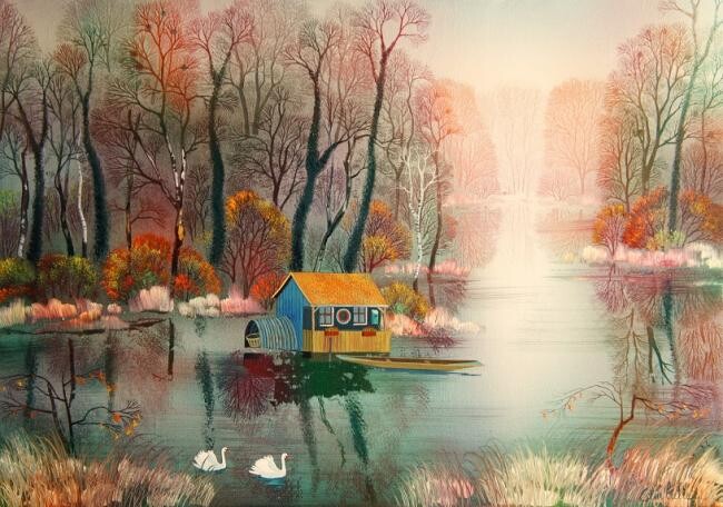 Peinture intitulée "BRUMES D'AUTOMNE" par Bernard Ambielle, Œuvre d'art originale, Huile