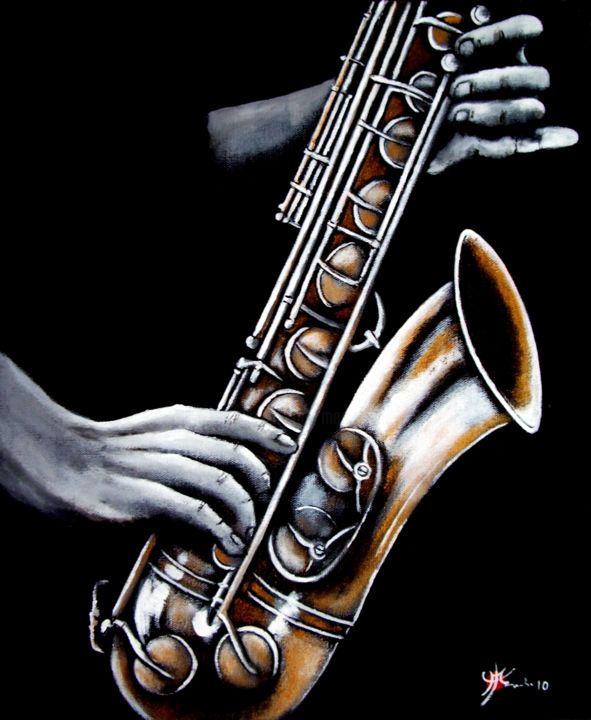 「Saxo doré」というタイトルの絵画 Marc Parmentierによって, オリジナルのアートワーク, アクリル ウッドストレッチャーフレームにマウント