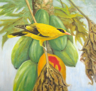 Schilderij getiteld "Yellow Bird Feeding…" door Ong Sookeat, Origineel Kunstwerk