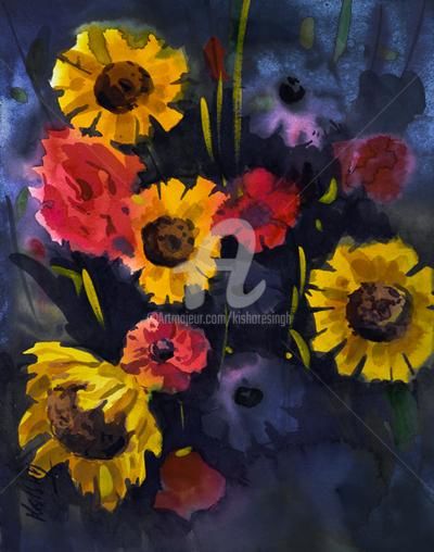 Painting titled "Sunflower04" by Kishore Singh, Original Artwork