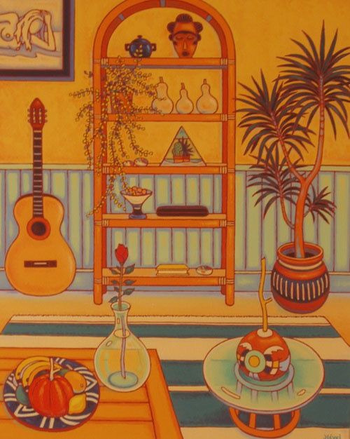 Painting titled "interieur en jaune" by Gilles Mével, Original Artwork, Acrylic Mounted on Wood Stretcher frame