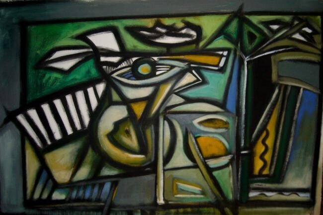Painting titled ""nature morte au va…" by Frédérique Manley, Original Artwork, Oil