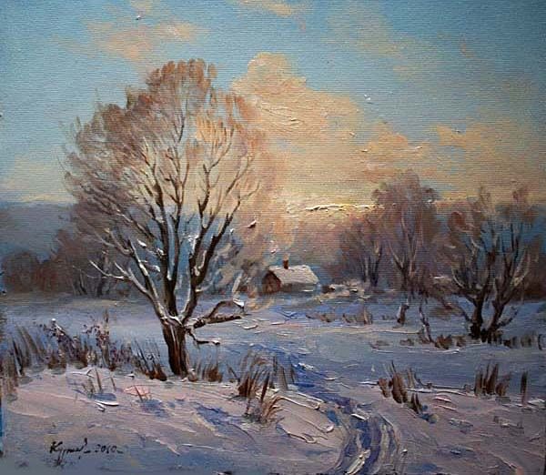 Painting titled "Зимний пейзаж в Пля…" by Yury Kurako, Original Artwork