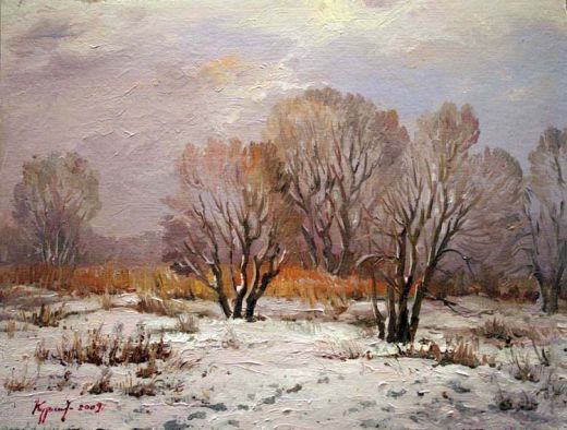 Painting titled "Зимний этюд возле Р…" by Yury Kurako, Original Artwork