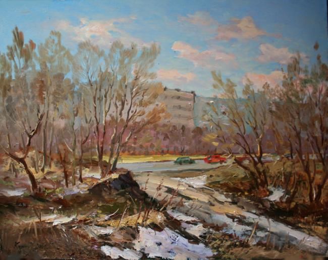 Painting titled "Последний снег в Пл…" by Yury Kurako, Original Artwork