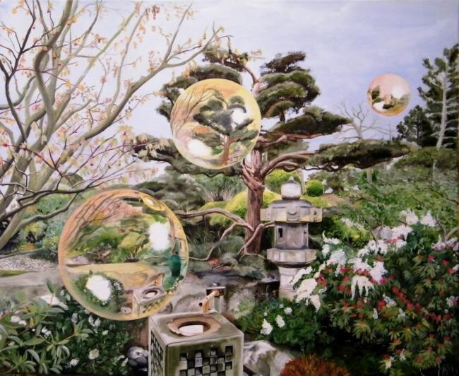 Peinture intitulée "le jardin japonais" par Manu Surreabulliste, Œuvre d'art originale, Huile