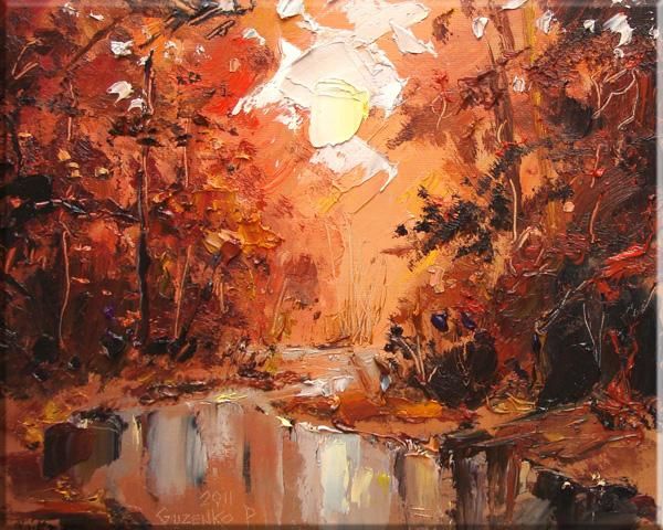 Painting titled "Red forest" by Pavel Guzenko, Original Artwork, Oil